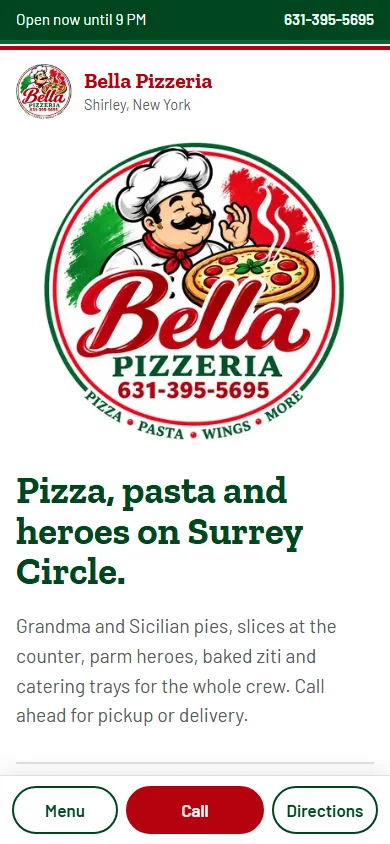Bella Pizzeria mobile homepage